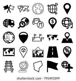 Map icons. set of 25 editable filled and outline map icons such as international delivery, world map, location, dollar location, globe and plane, location pin, globe search