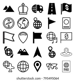 Map icons. set of 25 editable filled and outline map icons such as international delivery, qround the globe, pin on globe, road, location, flag, mountain, passport