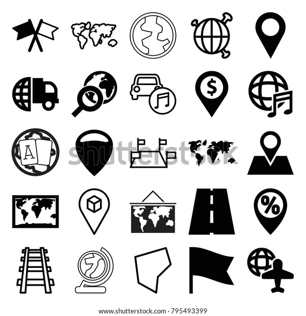 Map icons. set of\
25 editable filled and outline map icons such as international\
delivery, world map, location, dollar location, globe and plane,\
location pin, globe search