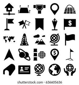 Map icons set. set of 25 map filled icons such as passport, tunnel, road, globe, flag, navigation arrow, holding globe, land territory, home, mountain, planet