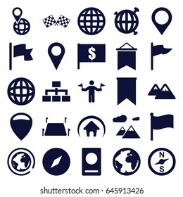Map icons set. set of 25 map filled icons such as man with flags, passport, structure, pin on globe, land territory, mountain, home, finish flag, map location, flag, globe