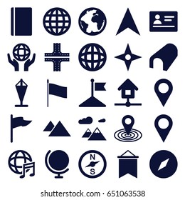 Map icons set. set of 25 map filled icons such as passport, tunnel, road, flag, map location, navigation arrow, holding globe, international music, home, mountain