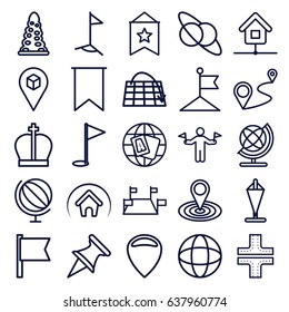 Map icons set. set of 25 map outline icons such as man with flags, tunnel, road, globe, flag, distance, location, home, gold flag, crown, planet and satellite, locations