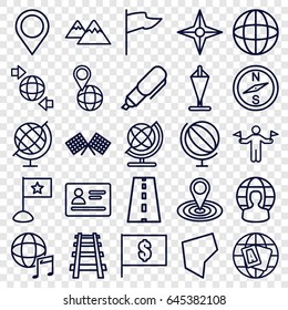 Map icons set. set of 25 map outline icons such as man with flags, passport, globe, map location, qround the globe, railway, road, international music, land territory