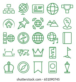Map icons set. set of 25 map outline icons such as passport, road, structure, globe, international music, land territory, mountain, home, flag, world map, sale location