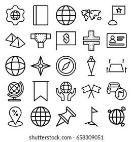 Map icons set. set of 25 map outline icons such as passport, road, globe, flag, holding globe, car music, land territory, globe in gear, mountain, compass, flag with dollar