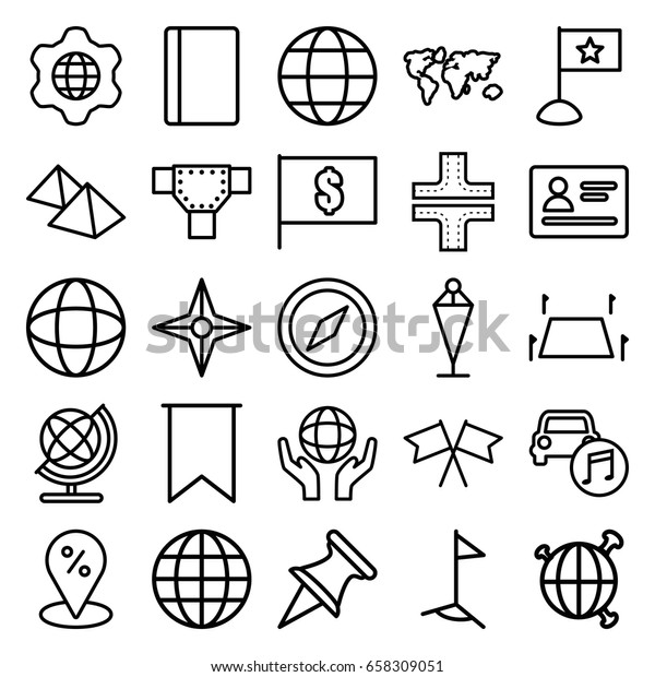 Map icons set.\
set of 25 map outline icons such as passport, road, globe, flag,\
holding globe, car music, land territory, globe in gear, mountain,\
compass, flag with dollar