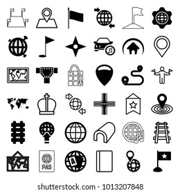 Map icons. set of 36 editable filled and outline map icons such as road, globe, location, pin on globe, home, gold flag, flag, compass, man with flags, passport, tunnel