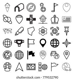 Map icons. set of 36 editable outline map icons such as globe, flag, pin, compass, location, planet and satellite, planet, navigation arrow, pin on globe, car music, internet
