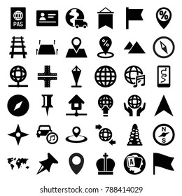 Map icons. set of 36 editable filled map icons such as passport, tunnel, road, pin, globe, sale location, compass, route and phone, navigation arrow, qround the globe