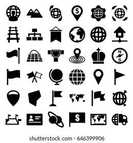 Map icons set. set of 36 map filled icons such as passport, road, flag, structure, qround the globe, railway, globe, land territory, mountain, home, locations, planet, crown
