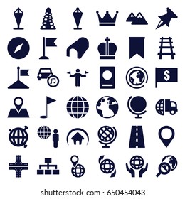 Map icons set. set of 36 map filled icons such as man with flags, passport, globe, tunnel, road, flag, structure, qround the globe, location pin, railway, car music, mountain