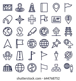 Map icons set. set of 36 map outline icons such as passport, tunnel, road, globe, flag, structure, navigation arrow, globe and plane, railway, home, pen, compass, gold flag