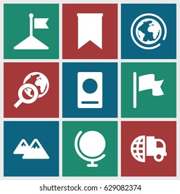 Map icons set. set of 9 map filled icons such as passport, flag, mountain, globe search, planet, globe