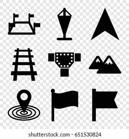 Map icons set. set of 9 map filled icons such as road, map location, navigation arrow, railway, mountain, locations