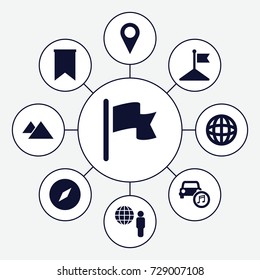Map icons set. set of 9 map filled icons such as flag, car music, mountain, globe and man, compass, globe