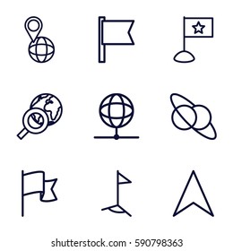map icons set. Set of 9 map outline icons such as navigation arrow, pin on globe, flag, globe, planet and satellite