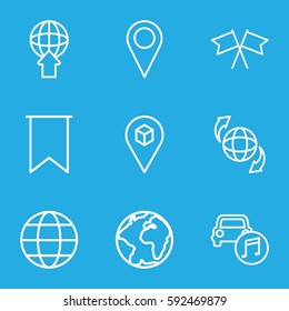 map icons set. Set of 9 map outline icons such as qround the globe, location, car music, flag, globe, globe download