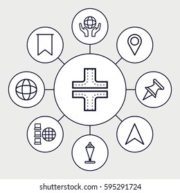 map icons set. Set of 9 map outline icons such as road, navigation arrow, holding globe, flag, globe, location pin, internet