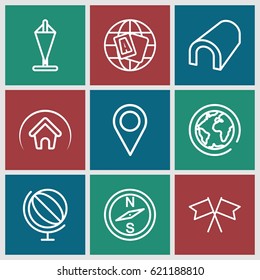 Map icons set. set of 9 map outline icons such as tunnel, globe, flag, home, location pin, planet