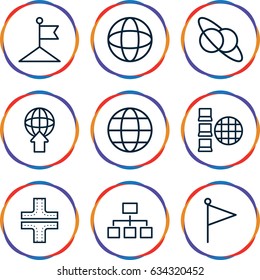 Map icons set. set of 9 map outline icons such as road, flag, structure, globe, planet and satellite, globe download