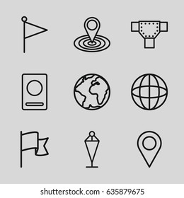 Map icons set. set of 9 map outline icons such as passport, road, flag, map location, location, globe