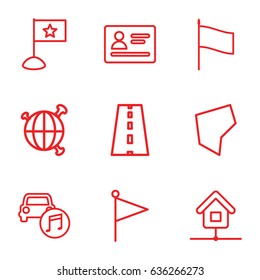 Map icons set. set of 9 map outline icons such as passport, road, car music, land territory, home, flag