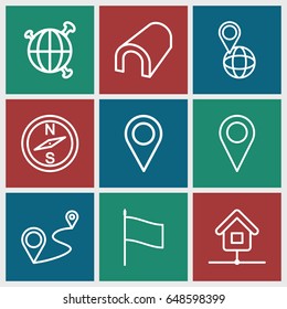 Map icons set. set of 9 map outline icons such as tunnel, pin on globe, distance, home, location pin, flag, globe, location