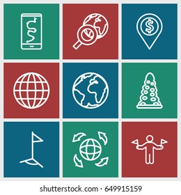 Map icons set. set of 9 map outline icons such as man with flags, tunnel, globe, flag, dollar location, route and phone, globe search