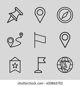 Map icons set. set of 9 map outline icons such as globe, flag, distance, location pin, location, compass
