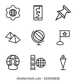 Map icons set. set of 9 map outline icons such as flag, globe in gear, user globe, mountain, globe, internet, route and phone