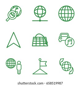 Map icons set. set of 9 map outline icons such as flag, navigation arrow, qround the globe, car music, globe