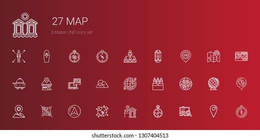 map icons set. Collection of map with compass, cabin, worldwide, navigator, planet, placeholder, internet, markers, mountain, gps, room service. Editable and scalable map icons.