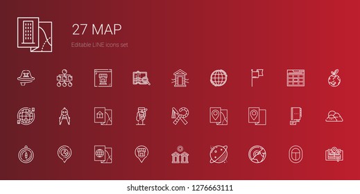 map icons set. Collection of map with earth, planet, cabins, placeholder, compass, egypt, gps, internet, flag, worldwide, cabin, mountain, contact. Editable and scalable map icons.