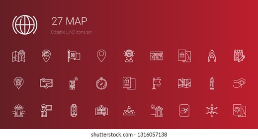 map icons set. Collection of map with egypt, cabin, position, passport, guide, flags, compass, navigation, placeholder, website, networking, marker. Editable and scalable map icons.