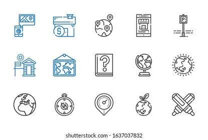 map icons set. Collection of map with marker, planet earth, placeholder, compass, earth, ozone layer, earth globe, guide, cabin, parking, real estate. Editable and scalable map icons.