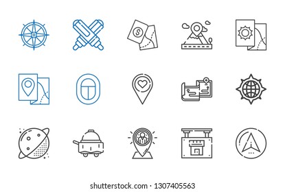 map icons set. Collection of map with navigator, real estate, placeholder, room service, planet, compass, maps, egypt, marker. Editable and scalable map icons.