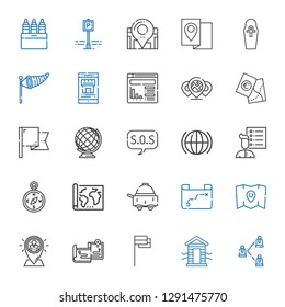 map icons set. Collection of map with network, cabin, flag, maps, placeholder, room service, compass, user list, global, sos, earth globe, website. Editable and scalable map icons.