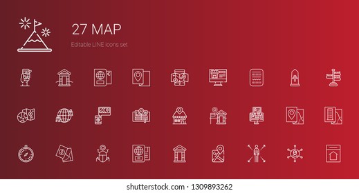 map icons set. Collection of map with network, google maps, cabin, passport, egypt, compass, gps, placeholder, worldwide, real estate, mobile map. Editable and scalable map icons.