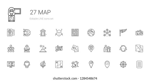 map icons set. Collection of map with placeholder, location, worldwide, global, egyptian, website, cabin, road, mountain, sitemap, network, planet earth. Editable and scalable map icons.