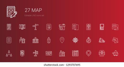 map icons set. Collection of map with placeholder, web, cabin, website, signpost, gps, network, compass, pin, marker, cabins, egypt, passport. Editable and scalable map icons.