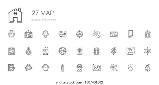 map icons set. Collection of map with placeholder, marker, network, pirate, trial, global, cabin, passport, globe, google maps, wind rose, labyrinth. Editable and scalable map icons.