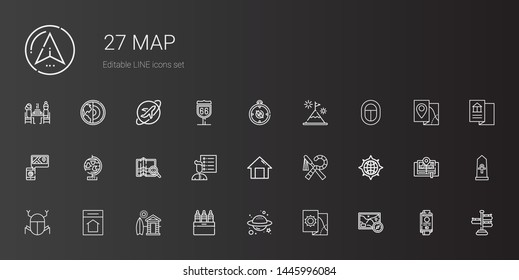 map icons set. Collection of map with planet, markers, cabin, home, egypt, compass, user list, globe, mountain, signpost, passport, route, travel. Editable and scalable map icons.