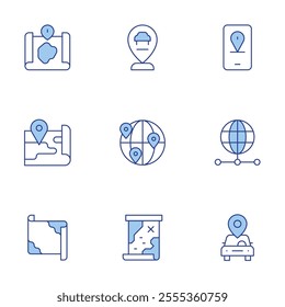 Map icons set. Line Duotone style, editable stroke. gps, car sharing, map, server, treasure map, travel, meeting point.