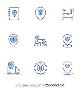 Map icons set. Line Duotone style, editable stroke. global network, delivery, location, map, hospital, guide book, map marker.