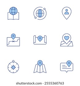 Map icons set. Line Duotone style, editable stroke. compass, global, map, map location, maps, placeholder, speech bubble, book, map placeholder.
