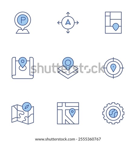 Map icons set. Line Duotone style, editable stroke. aim, location, treemap chart, map location, navigation, parking, gear, map, maps.