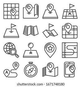 Map Icons Set on White Background. Line Style Vector