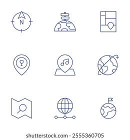 Map icons set. Thin Line style, editable stroke. north, orientation, placeholder, search, server, treemap chart, visiting, worldwide.