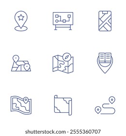 Map icons set. Thin Line style, editable stroke. location, map, mobile map, placeholder, route.